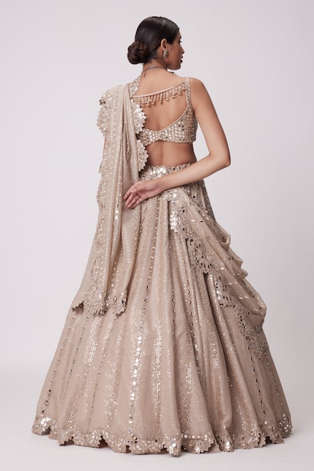 Shop Vvani By Vani Vats Beige Georgette, Organza Beads, Mirrors Floral Bloom Embroidered Lehenga Set at Aza Fashions Shop_Vvani By Vani Vats_Beige Georgette, Organza Beads, Mirrors Floral Bloom Embroidered Lehenga Set _at_Aza_Fashions