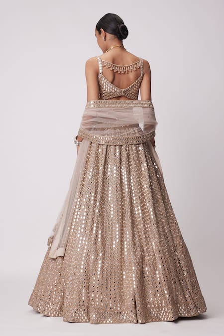 Shop Vvani By Vani Vats Beige Georgette, Net, Organza Beads, Embroidery, Mirrors Cluster Lehenga Set at Aza Fashions Shop_Vvani By Vani Vats_Beige Georgette, Net, Organza Beads, Embroidery, Mirrors Cluster Lehenga Set _at_Aza_Fashions