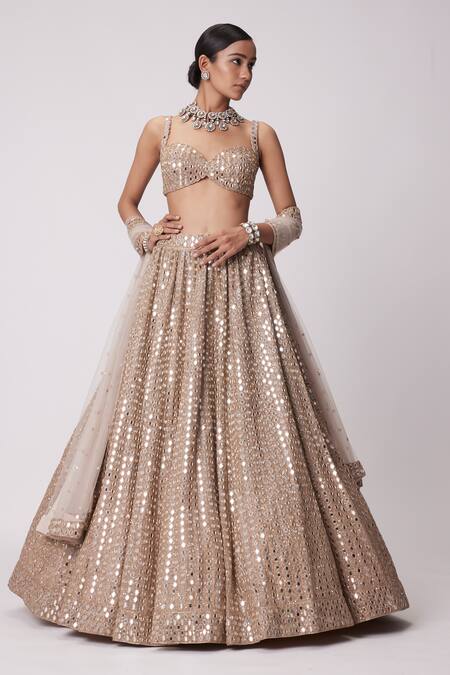 Buy Vvani By Vani Vats Beige Georgette, Net, Organza Beads, Embroidery, Mirrors Cluster Lehenga Set Online at Aza Fashions Buy_Vvani By Vani Vats_Beige Georgette, Net, Organza Beads, Embroidery, Mirrors Cluster Lehenga Set _Online_at_Aza_Fashions