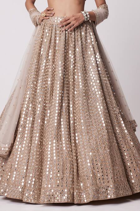 Shop Vvani By Vani Vats Beige Georgette, Net, Organza Beads, Embroidery, Mirrors Cluster Lehenga Set Online at Aza Fashions Shop_Vvani By Vani Vats_Beige Georgette, Net, Organza Beads, Embroidery, Mirrors Cluster Lehenga Set _Online_at_Aza_Fashions