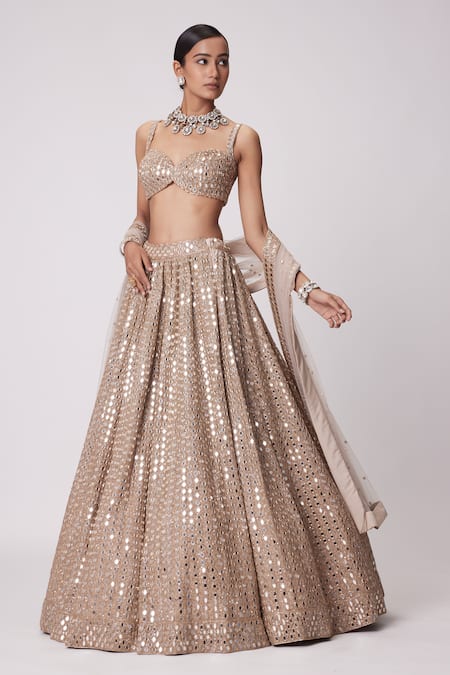 Vvani By Vani Vats Beige Georgette, Net, Organza Beads, Embroidery, Mirrors Cluster Lehenga Set at Aza Fashions Vvani By Vani Vats_Beige Georgette, Net, Organza Beads, Embroidery, Mirrors Cluster Lehenga Set _at_Aza_Fashions