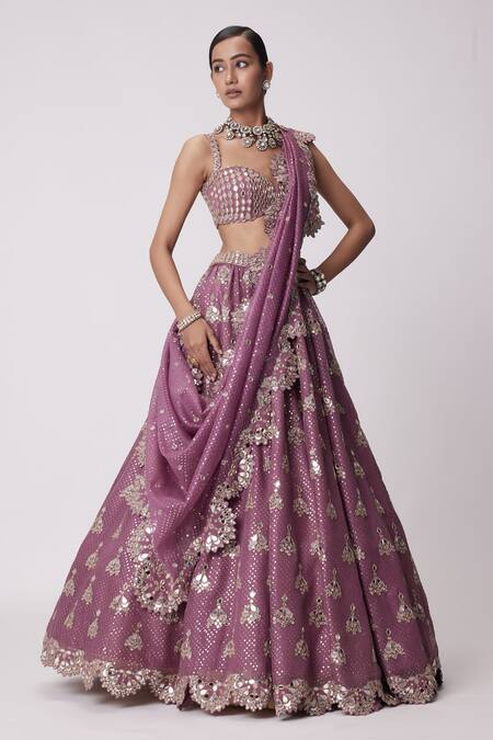 Vvani By Vani Vats_Purple Georgette, Organza Sequins, Mirrors, Embroidery Butti Bridal Lehenga Set _Online_at_Aza_Fashions