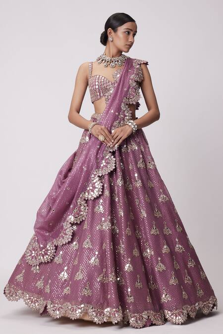 Buy_Vvani By Vani Vats_Purple Georgette, Organza Sequins, Mirrors, Embroidery Butti Bridal Lehenga Set _Online_at_Aza_Fashions