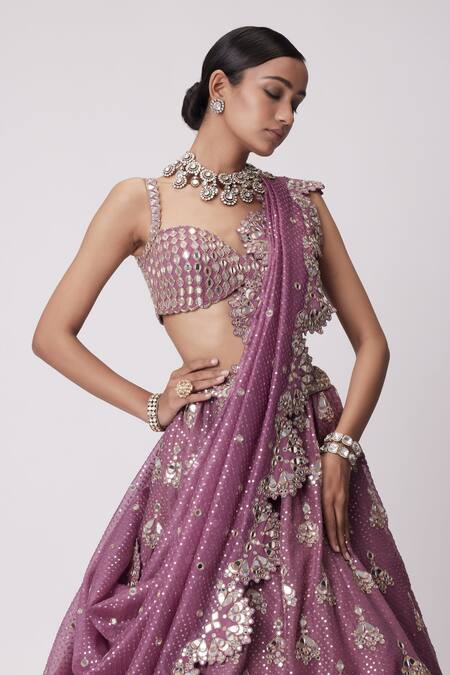 Vvani By Vani Vats_Purple Georgette, Organza Sequins, Mirrors, Embroidery Butti Bridal Lehenga Set _at_Aza_Fashions