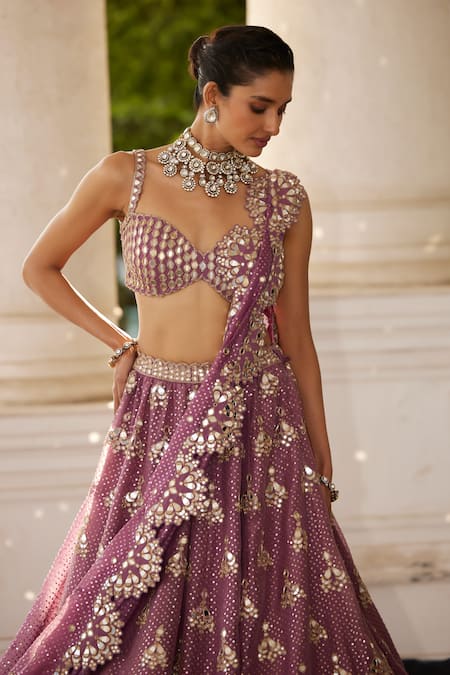 Buy_Vvani By Vani Vats_Purple Georgette, Organza Sequins, Mirrors, Embroidery Butti Bridal Lehenga Set 