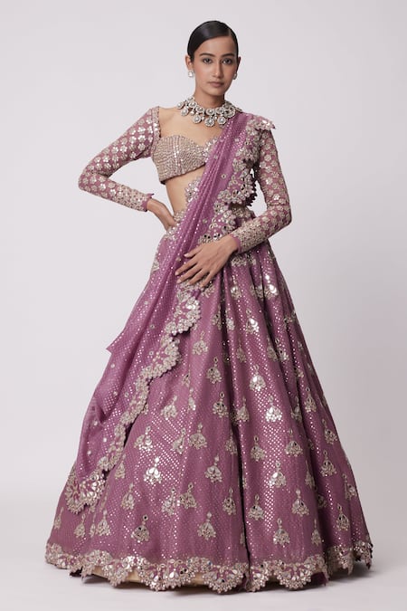 Vvani By Vani Vats_Purple Georgette, Organza Sequins, Mirrors Butti Work Bridal Lehenga Set _Online_at_Aza_Fashions