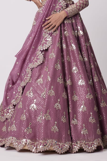 Buy_Vvani By Vani Vats_Purple Georgette, Organza Sequins, Mirrors Butti Work Bridal Lehenga Set _Online_at_Aza_Fashions