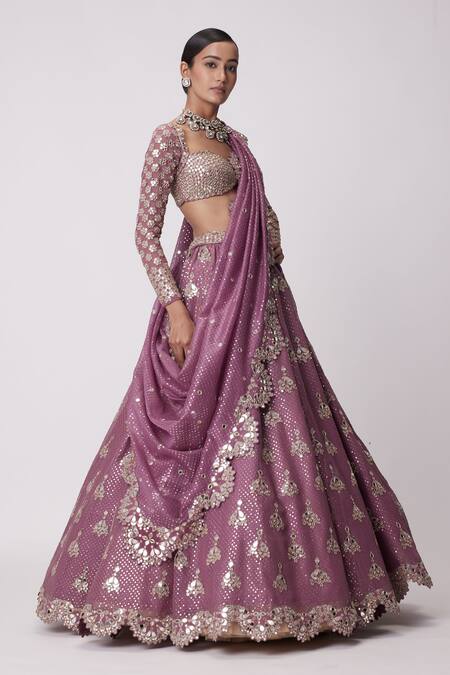 Shop_Vvani By Vani Vats_Purple Georgette, Organza Sequins, Mirrors Butti Work Bridal Lehenga Set _Online_at_Aza_Fashions