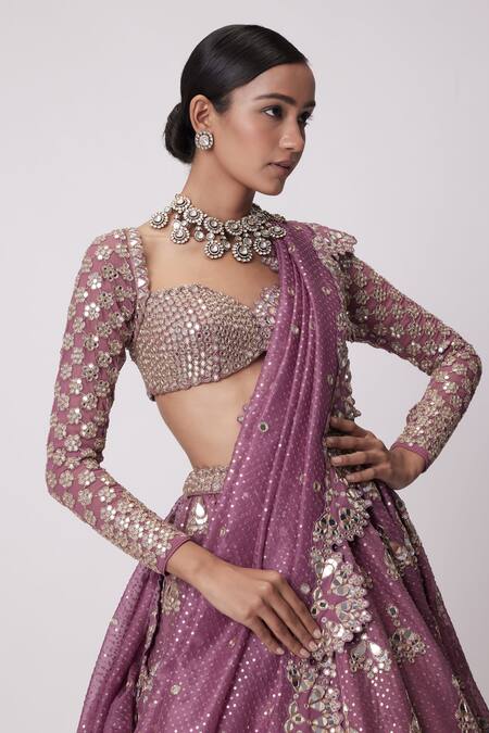 Vvani By Vani Vats_Purple Georgette, Organza Sequins, Mirrors Butti Work Bridal Lehenga Set _at_Aza_Fashions