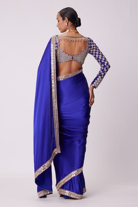 Shop_Vvani By Vani Vats_Blue Satin, Georgette Mirrors, Cut Bahar Border Embroidered Saree With Blouse _at_Aza_Fashions