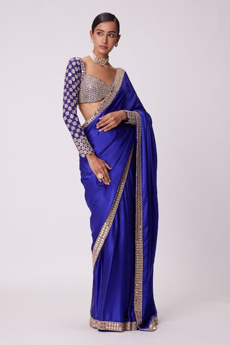 Vvani By Vani Vats_Blue Satin, Georgette Mirrors, Cut Bahar Border Embroidered Saree With Blouse _Online_at_Aza_Fashions