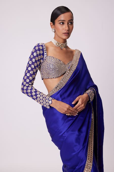 Buy_Vvani By Vani Vats_Blue Satin, Georgette Mirrors, Cut Bahar Border Embroidered Saree With Blouse _Online_at_Aza_Fashions