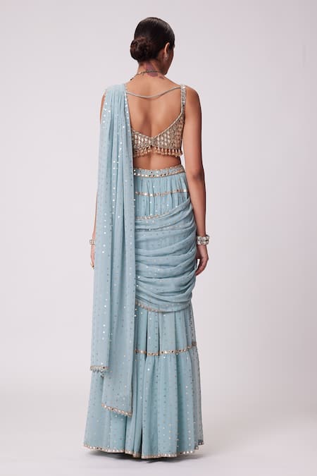 Shop Vvani By Vani Vats Blue Georgette Beads, Sequins, Quad Embroidered Tiered Lehenga Saree With Blouse at Aza Fashions Shop_Vvani By Vani Vats_Blue Georgette Beads, Sequins, Quad Embroidered Tiered Lehenga Saree With Blouse _at_Aza_Fashions