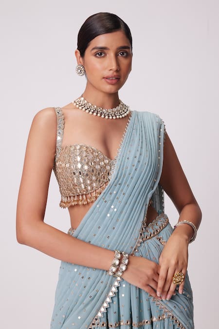 Buy Vvani By Vani Vats Blue Georgette Beads, Sequins, Quad Embroidered Tiered Lehenga Saree With Blouse Online at Aza Fashions Buy_Vvani By Vani Vats_Blue Georgette Beads, Sequins, Quad Embroidered Tiered Lehenga Saree With Blouse _Online_at_Aza_Fashions