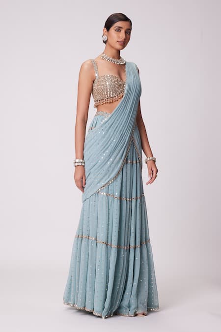 Shop Vvani By Vani Vats Blue Georgette Beads, Sequins, Quad Embroidered Tiered Lehenga Saree With Blouse Online at Aza Fashions Shop_Vvani By Vani Vats_Blue Georgette Beads, Sequins, Quad Embroidered Tiered Lehenga Saree With Blouse _Online_at_Aza_Fashions