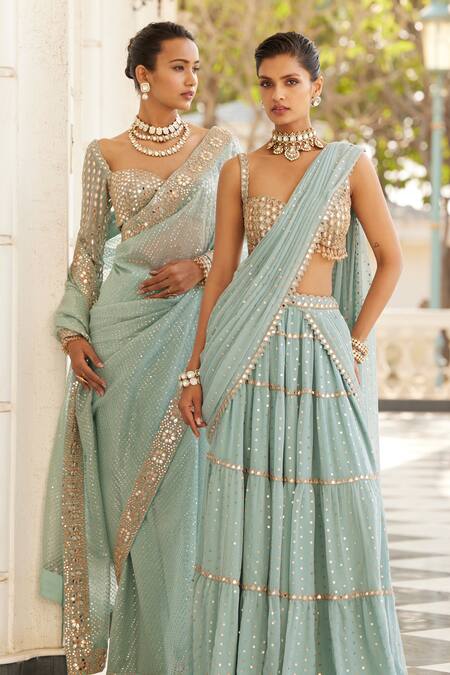 Vvani By Vani Vats Blue Georgette Beads, Sequins, Quad Embroidered Tiered Lehenga Saree With Blouse at Aza Fashions Vvani By Vani Vats_Blue Georgette Beads, Sequins, Quad Embroidered Tiered Lehenga Saree With Blouse _at_Aza_Fashions