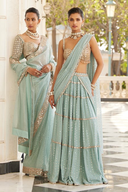 Buy Vvani By Vani Vats Blue Georgette Beads, Sequins, Quad Embroidered Tiered Lehenga Saree With Blouse Buy_Vvani By Vani Vats_Blue Georgette Beads, Sequins, Quad Embroidered Tiered Lehenga Saree With Blouse