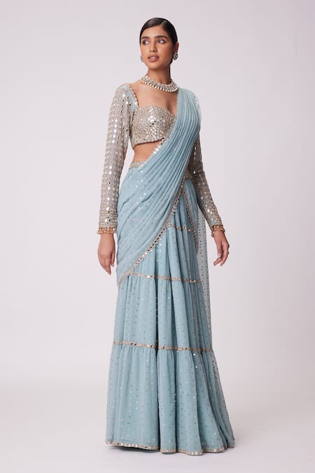 Vvani By Vani Vats_Blue Georgette Beads Sheesha Quad Embroidered Tiered Lehenga Saree With Blouse _Online_at_Aza_Fashions