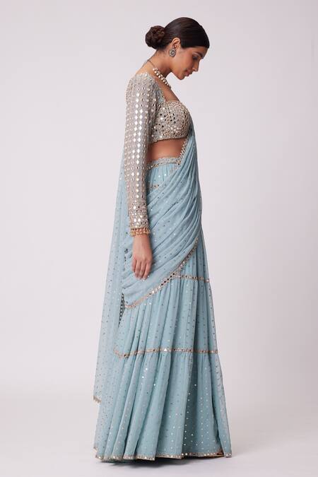 Buy_Vvani By Vani Vats_Blue Georgette Beads Sheesha Quad Embroidered Tiered Lehenga Saree With Blouse _Online_at_Aza_Fashions