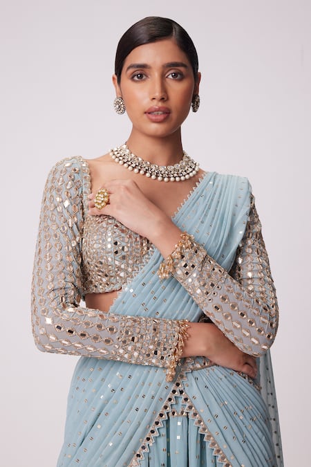 Shop_Vvani By Vani Vats_Blue Georgette Beads Sheesha Quad Embroidered Tiered Lehenga Saree With Blouse _Online_at_Aza_Fashions