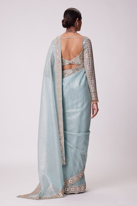 Shop_Vvani By Vani Vats_Blue Organza, Georgette Sequins, Mirrors, Bahar Embroidered Saree With Blouse _at_Aza_Fashions
