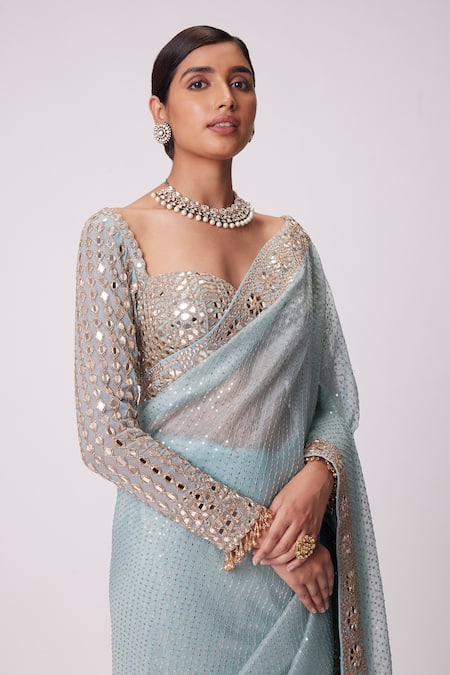 Vvani By Vani Vats_Blue Organza, Georgette Sequins, Mirrors, Bahar Embroidered Saree With Blouse _Online_at_Aza_Fashions
