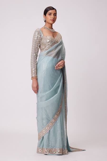 Buy_Vvani By Vani Vats_Blue Organza, Georgette Sequins, Mirrors, Bahar Embroidered Saree With Blouse _Online_at_Aza_Fashions