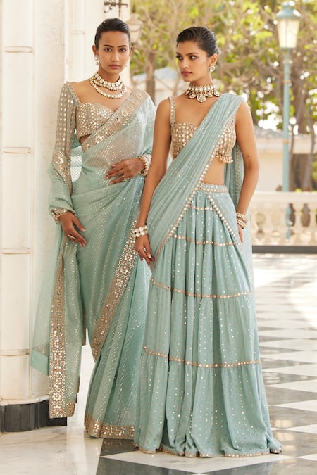 Shop_Vvani By Vani Vats_Blue Organza, Georgette Sequins, Mirrors, Bahar Embroidered Saree With Blouse _Online_at_Aza_Fashions
