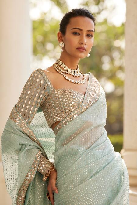 Vvani By Vani Vats_Blue Organza, Georgette Sequins, Mirrors, Bahar Embroidered Saree With Blouse _at_Aza_Fashions