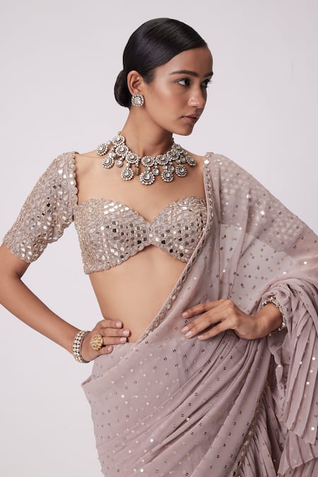 Vvani By Vani Vats_Pink Georgette Sequins, Mirrors Sweetheart Neck Ruffle Embroidered Saree _Online_at_Aza_Fashions