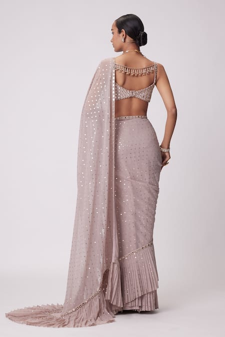 Shop Vvani By Vani Vats Pink Georgette Mirrors, Sequins Astral Pre-draped Ruffle Saree With Blouse at Aza Fashions Shop_Vvani By Vani Vats_Pink Georgette Mirrors, Sequins Astral Pre-draped Ruffle Saree With Blouse _at_Aza_Fashions