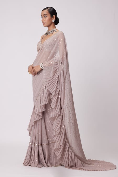 Buy Vvani By Vani Vats Pink Georgette Mirrors, Sequins Astral Pre-draped Ruffle Saree With Blouse Online at Aza Fashions Buy_Vvani By Vani Vats_Pink Georgette Mirrors, Sequins Astral Pre-draped Ruffle Saree With Blouse _Online_at_Aza_Fashions
