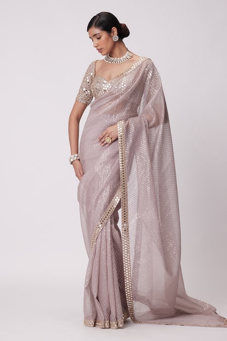 Vvani By Vani Vats Pink Georgette, Organza Sequins, Mirrors Blast Embroidered Saree With Blouse Online at Aza Fashions Vvani By Vani Vats_Pink Georgette, Organza Sequins, Mirrors Blast Embroidered Saree With Blouse _Online_at_Aza_Fashions