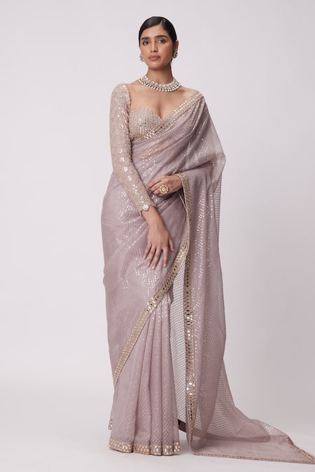 Vvani By Vani Vats Pink Organza, Georgette Sequins, Mirrors Embroidered Saree With Blouse Online at Aza Fashions Vvani By Vani Vats_Pink Organza, Georgette Sequins, Mirrors Embroidered Saree With Blouse _Online_at_Aza_Fashions