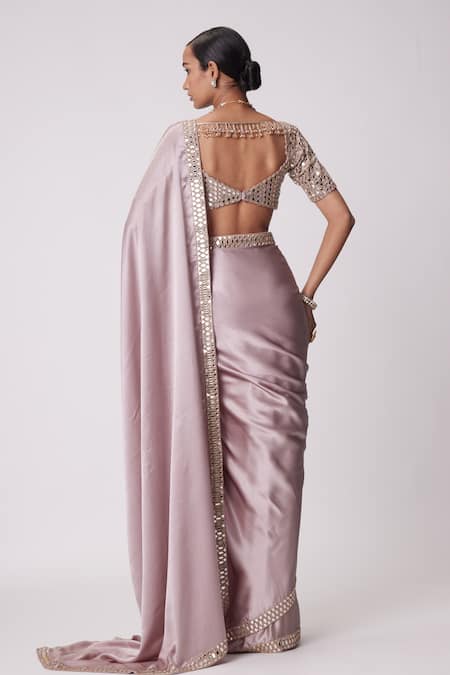 Shop Vvani By Vani Vats Pink Satin, Georgette Prism Sheesha Border Embroidered Saree With Blouse at Aza Fashions Shop_Vvani By Vani Vats_Pink Satin, Georgette Prism Sheesha Border Embroidered Saree With Blouse _at_Aza_Fashions