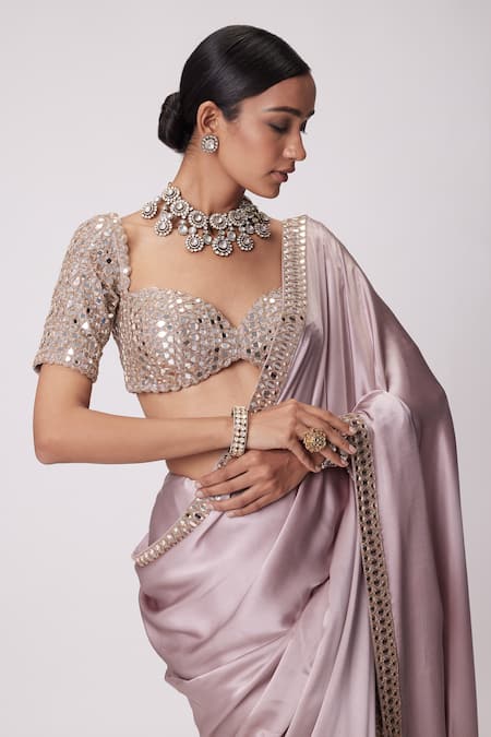Shop Vvani By Vani Vats Pink Satin, Georgette Prism Sheesha Border Embroidered Saree With Blouse Online at Aza Fashions Shop_Vvani By Vani Vats_Pink Satin, Georgette Prism Sheesha Border Embroidered Saree With Blouse _Online_at_Aza_Fashions