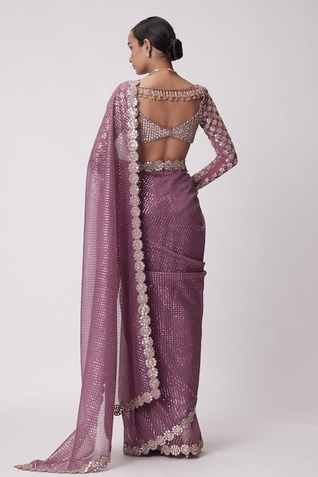 Shop_Vvani By Vani Vats_Pink Organza, Georgette Sequins, Mirrors Blossom Embroidered Saree Set _at_Aza_Fashions