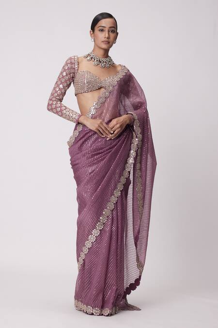 Vvani By Vani Vats_Pink Organza, Georgette Sequins, Mirrors Blossom Embroidered Saree Set _Online_at_Aza_Fashions
