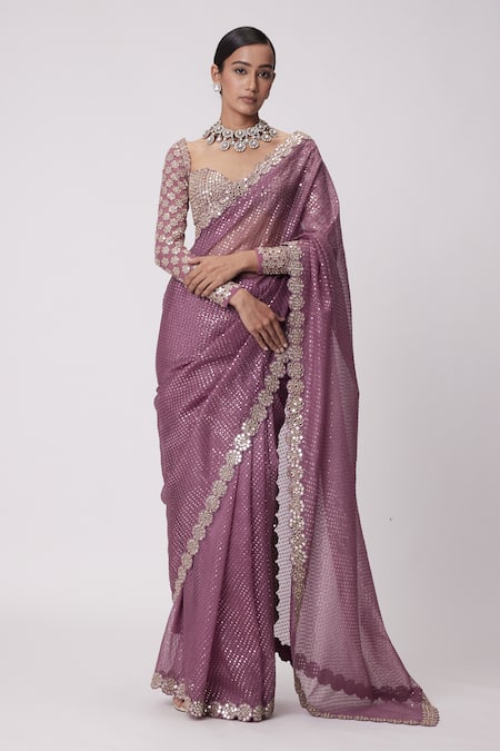 Buy_Vvani By Vani Vats_Pink Organza, Georgette Sequins, Mirrors Blossom Embroidered Saree Set _Online_at_Aza_Fashions