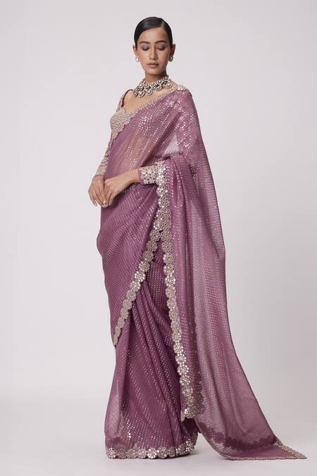 Shop_Vvani By Vani Vats_Pink Organza, Georgette Sequins, Mirrors Blossom Embroidered Saree Set _Online_at_Aza_Fashions