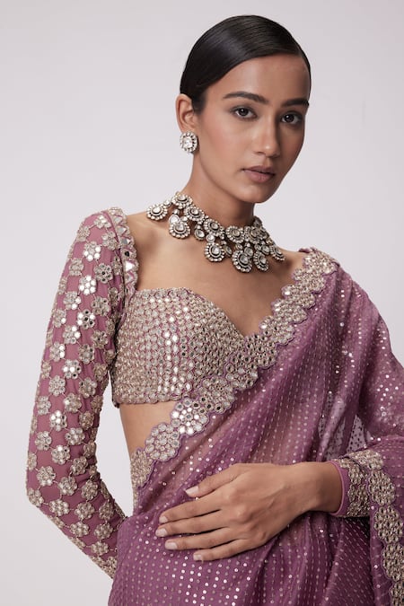 Vvani By Vani Vats_Pink Organza, Georgette Sequins, Mirrors Blossom Embroidered Saree Set _at_Aza_Fashions