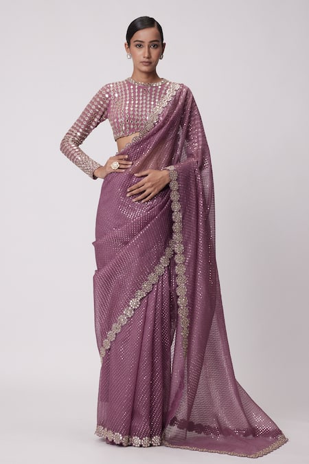 Vvani by Vani Vats Pink Saree Organza Embroidery Mirror High Neck Flora Border Sequin Set 