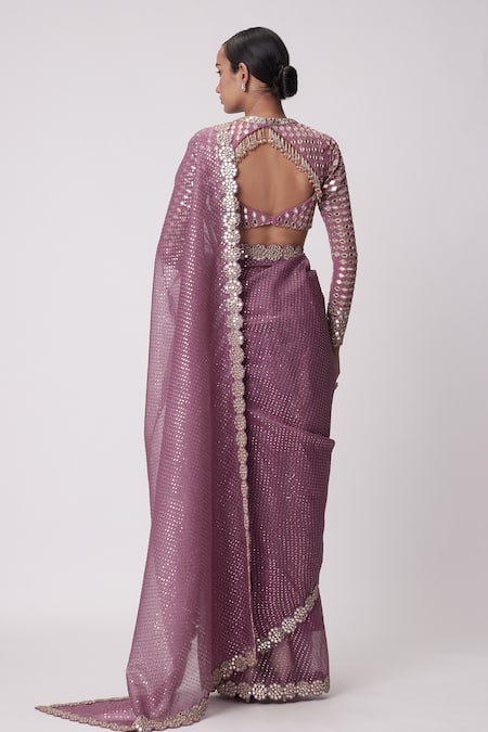 Shop Vvani By Vani Vats Pink Georgette, Organza Mirrors, Sequins Flora Border Embroidered Saree Set at Aza Fashions Shop_Vvani By Vani Vats_Pink Georgette, Organza Mirrors, Sequins Flora Border Embroidered Saree Set _at_Aza_Fashions