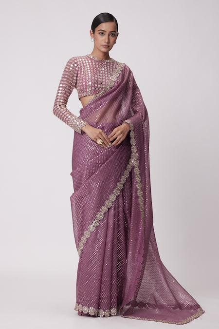 Vvani By Vani Vats Pink Georgette, Organza Mirrors, Sequins Flora Border Embroidered Saree Set Online at Aza Fashions Vvani By Vani Vats_Pink Georgette, Organza Mirrors, Sequins Flora Border Embroidered Saree Set _Online_at_Aza_Fashions