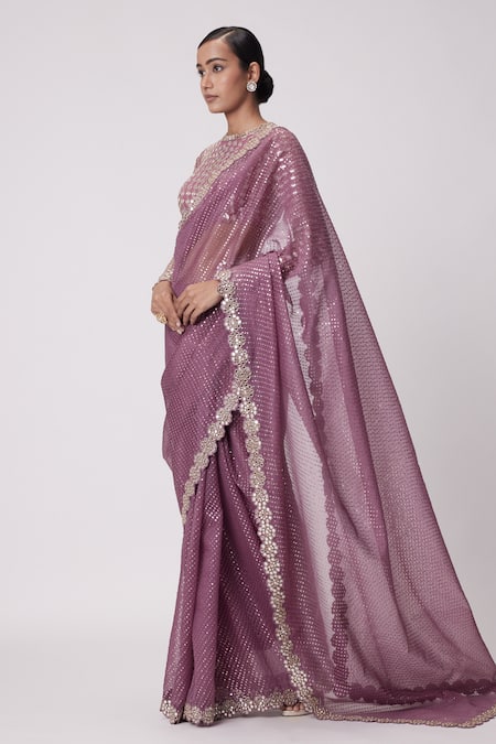 Shop Vvani By Vani Vats Pink Georgette, Organza Mirrors, Sequins Flora Border Embroidered Saree Set Online at Aza Fashions Shop_Vvani By Vani Vats_Pink Georgette, Organza Mirrors, Sequins Flora Border Embroidered Saree Set _Online_at_Aza_Fashions