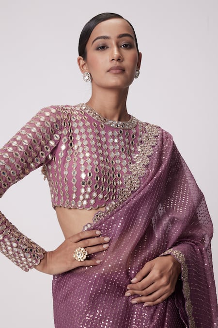 Vvani By Vani Vats Pink Georgette, Organza Mirrors, Sequins Flora Border Embroidered Saree Set at Aza Fashions Vvani By Vani Vats_Pink Georgette, Organza Mirrors, Sequins Flora Border Embroidered Saree Set _at_Aza_Fashions