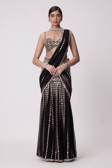 Vvani By Vani Vats_Black Georgette Mirrors, Sequins Meteor Embroidered Lehenga Saree With Blouse _Online_at_Aza_Fashions