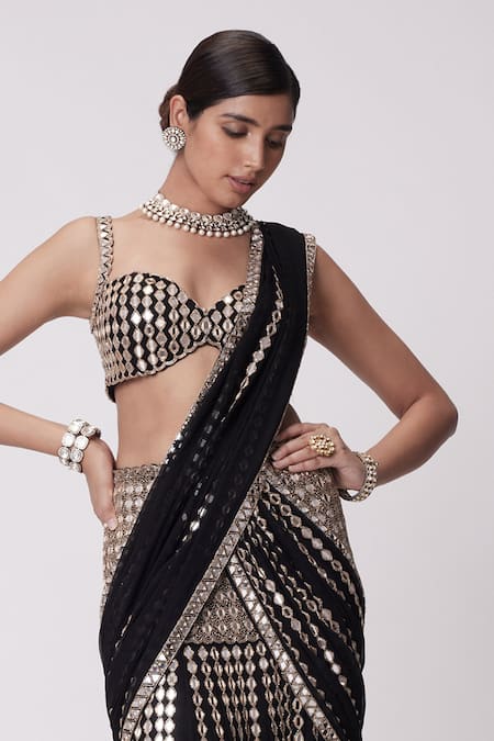 Buy_Vvani By Vani Vats_Black Georgette Mirrors, Sequins Meteor Embroidered Lehenga Saree With Blouse _Online_at_Aza_Fashions