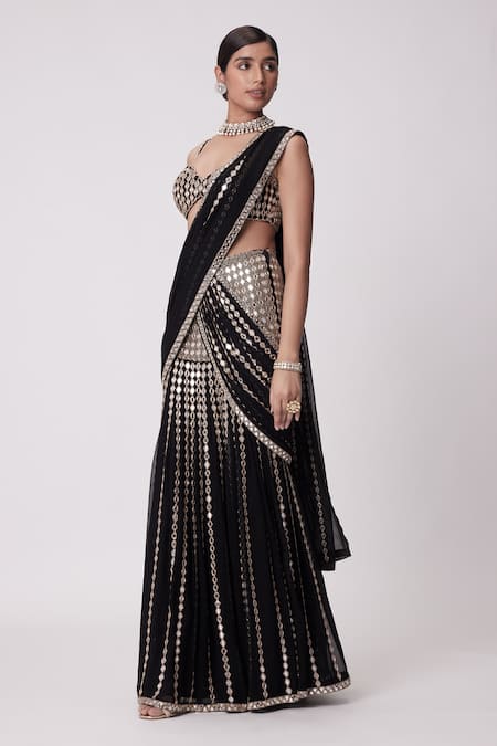 Shop_Vvani By Vani Vats_Black Georgette Mirrors, Sequins Meteor Embroidered Lehenga Saree With Blouse _Online_at_Aza_Fashions
