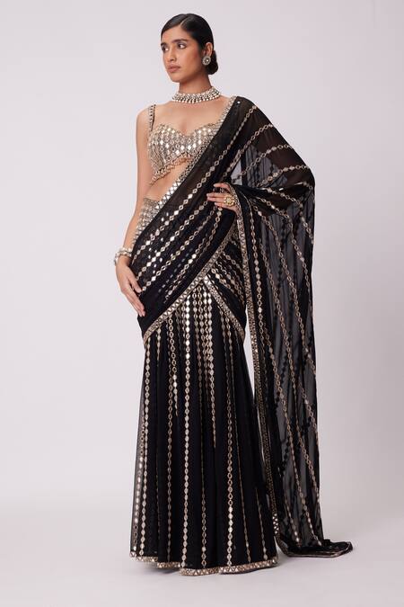 Vvani By Vani Vats Black Georgette Mirrors, Cut Sheesha Vine Embroidered Lehenga Saree With Blouse Online at Aza Fashions Vvani By Vani Vats_Black Georgette Mirrors, Cut Sheesha Vine Embroidered Lehenga Saree With Blouse _Online_at_Aza_Fashions